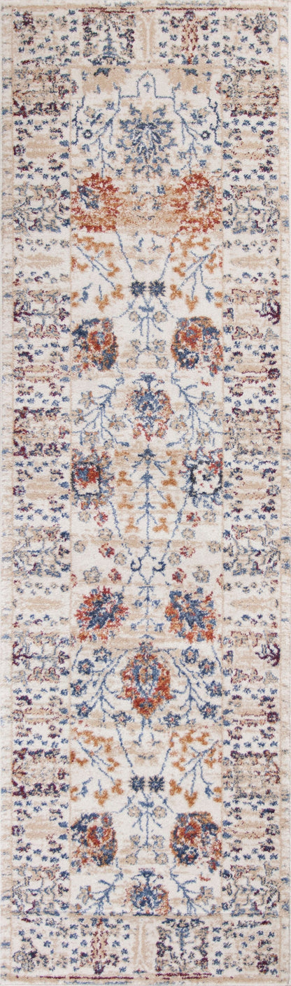 8' Beige Machine Woven Bordered Floral Indoor Runner Rug