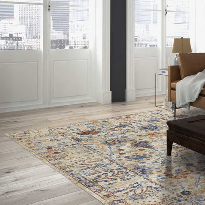 8' Beige Machine Woven Bordered Floral Indoor Runner Rug