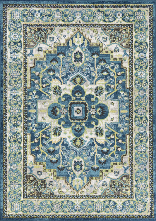 7' Teal Blue Machine Woven Floral Medallion Indoor Runner Rug
