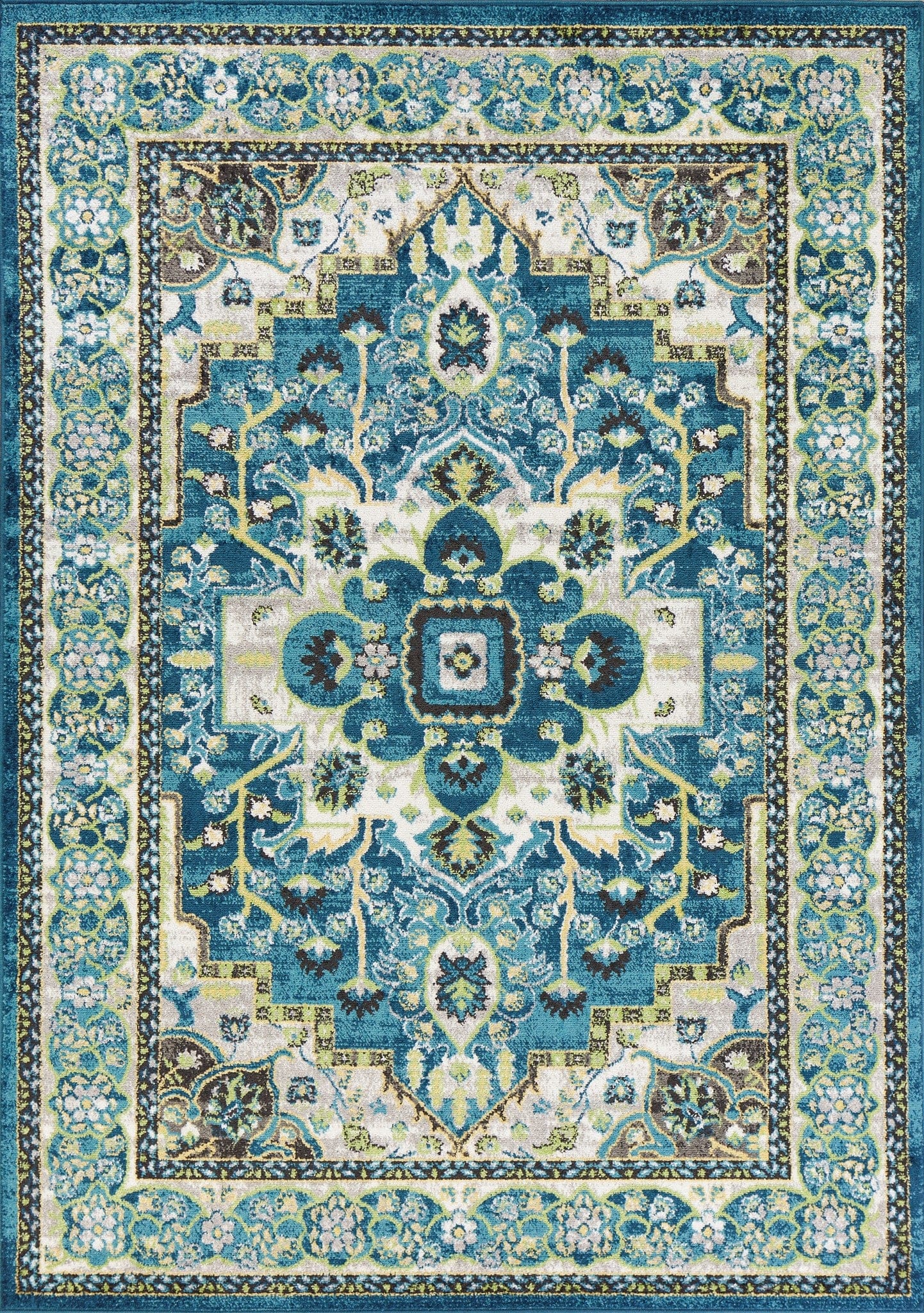 7' Teal Blue Machine Woven Floral Medallion Indoor Runner Rug
