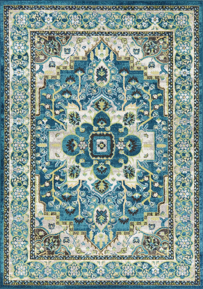 7' Teal Blue Machine Woven Floral Medallion Indoor Runner Rug