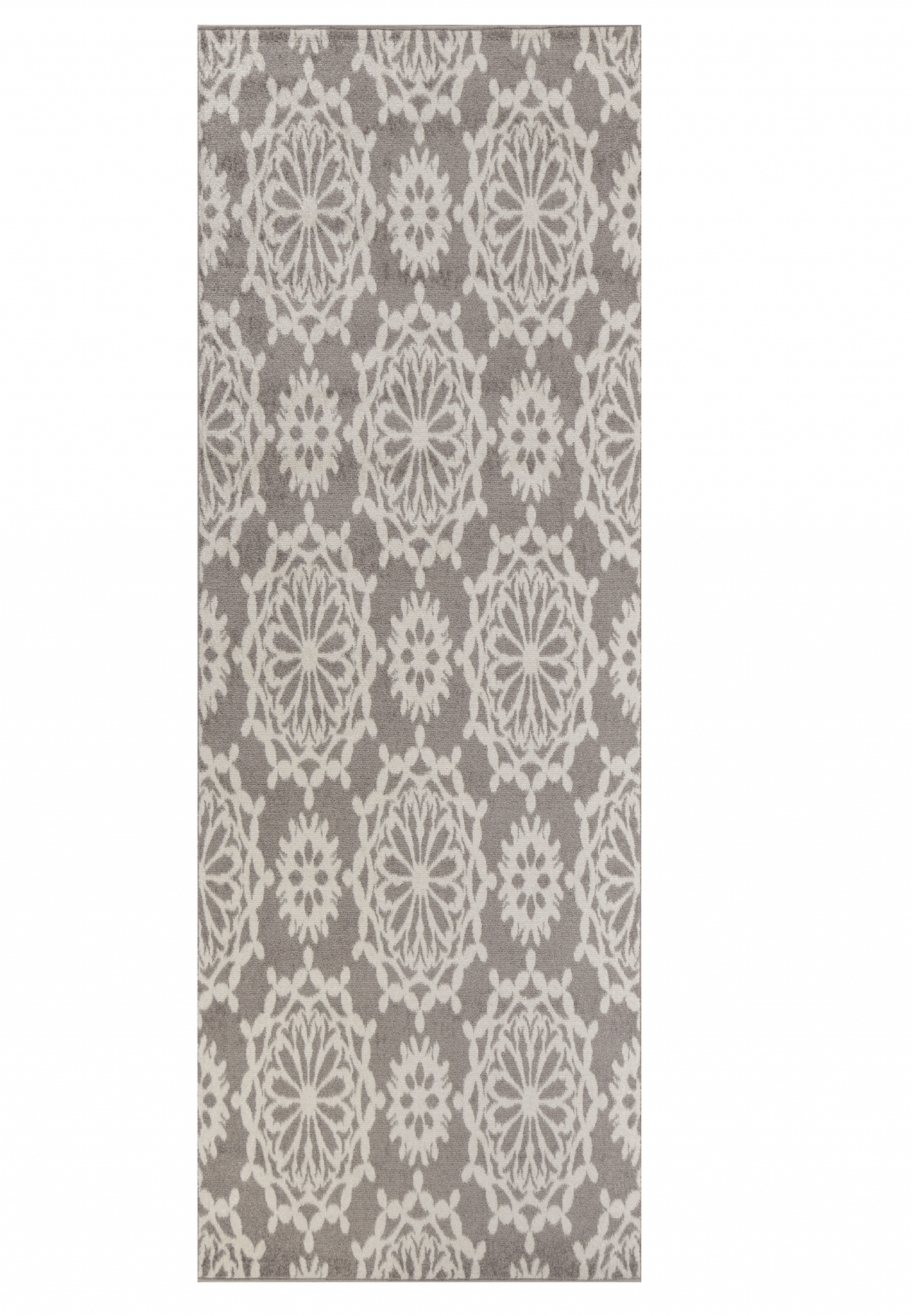 7' Grey Ivory Machine Woven Floral Indoor Runner Rug