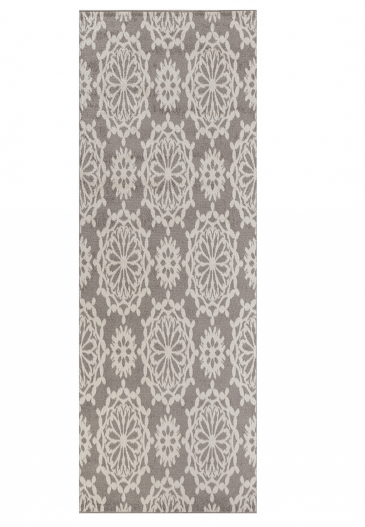 7' Grey Ivory Machine Woven Floral Indoor Runner Rug