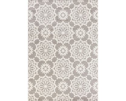 7' Grey Ivory Machine Woven Floral Indoor Runner Rug