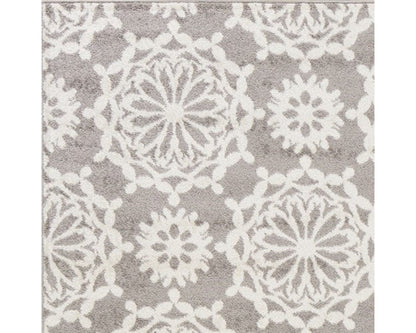 7' Grey Ivory Machine Woven Floral Indoor Runner Rug