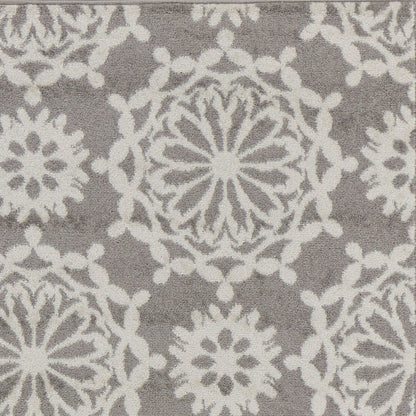 7' Grey Ivory Machine Woven Floral Indoor Runner Rug