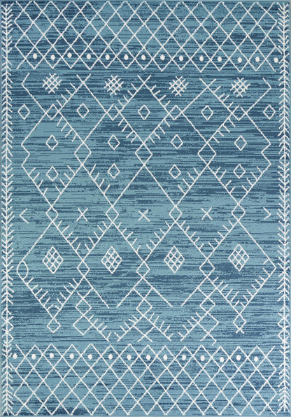 7' Ocean Blue Machine Woven Geometric Tribal Indoor Runner Rug