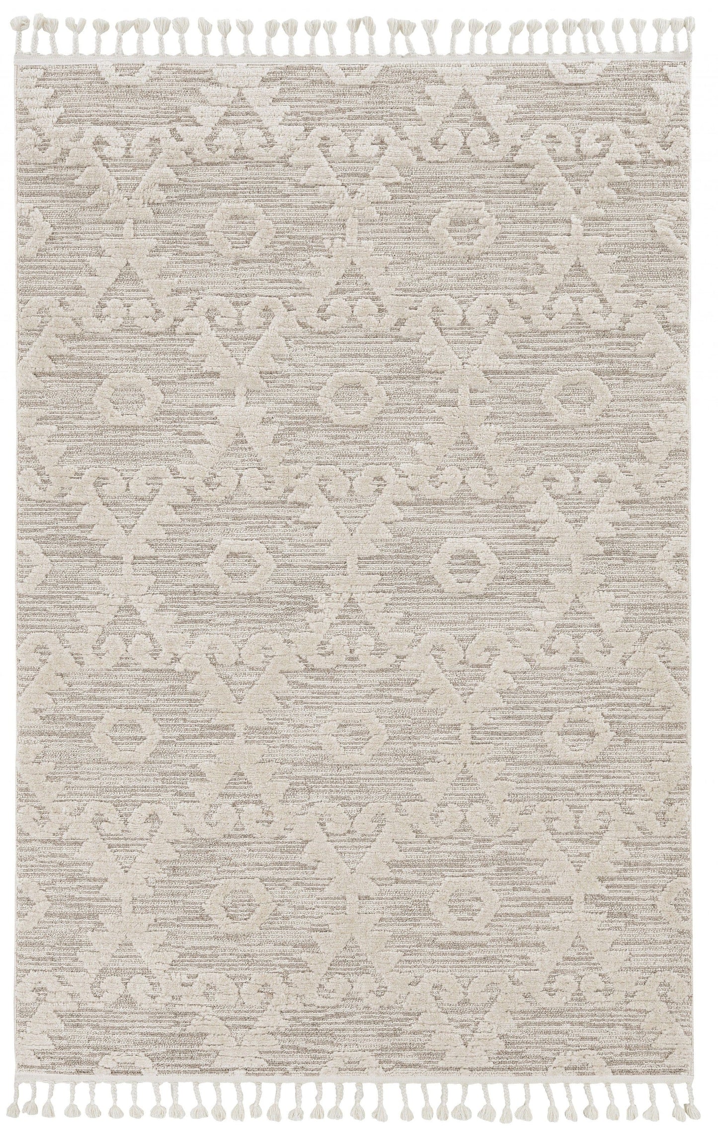 12'X15' Ivory Beige Machine Woven Geometric With Fringe Indoor Area Rug