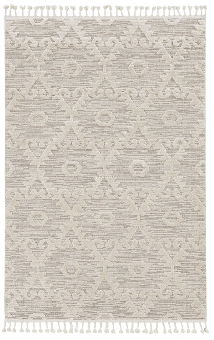 12'X15' Ivory Beige Machine Woven Geometric With Fringe Indoor Area Rug