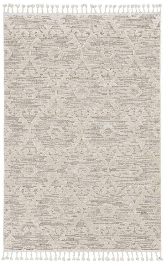 12'X15' Ivory Beige Machine Woven Geometric With Fringe Indoor Area Rug