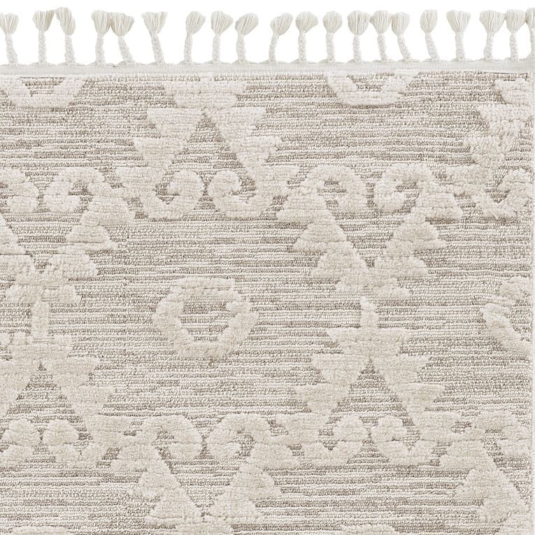 12'X15' Ivory Beige Machine Woven Geometric With Fringe Indoor Area Rug