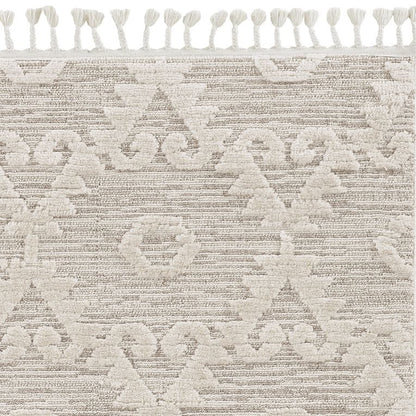 12'X15' Ivory Beige Machine Woven Geometric With Fringe Indoor Area Rug
