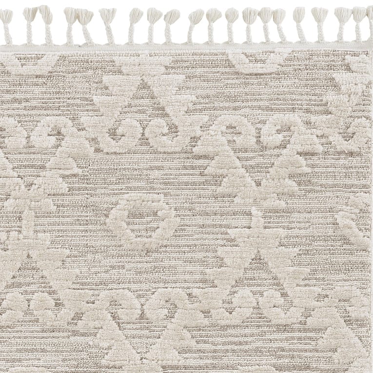 12'X15' Ivory Beige Machine Woven Geometric With Fringe Indoor Area Rug