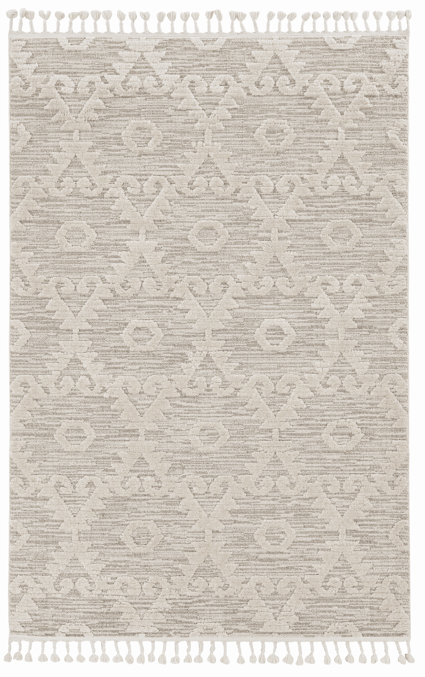 12'X15' Ivory Beige Machine Woven Geometric With Fringe Indoor Area Rug
