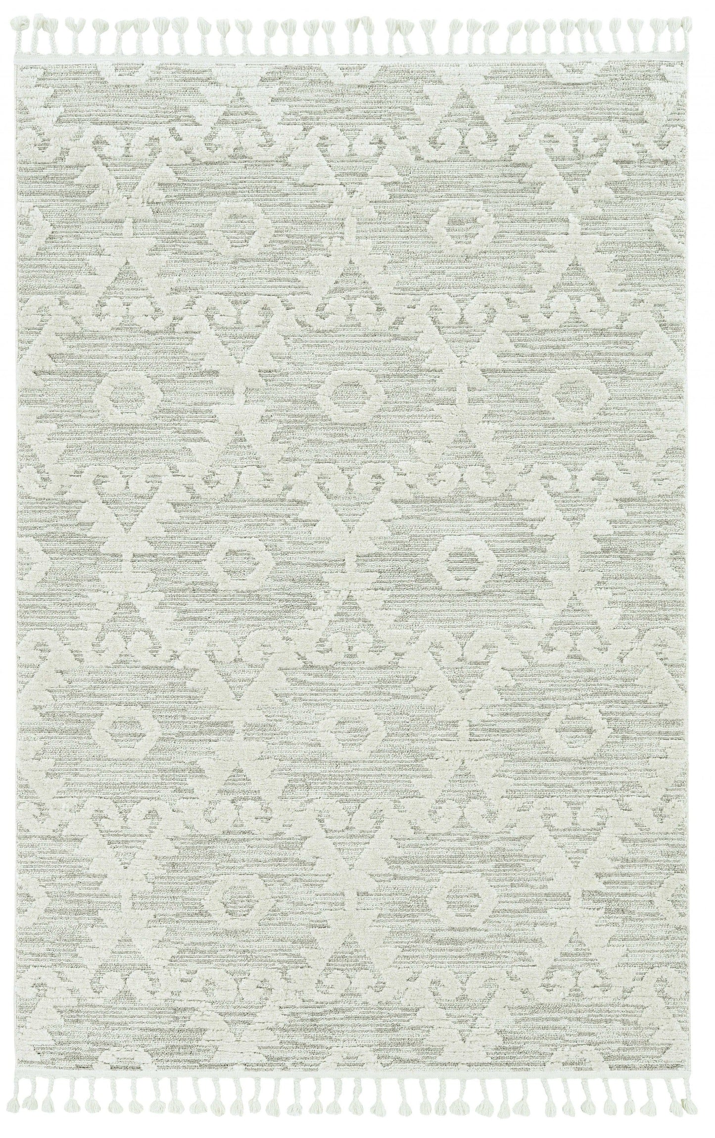 12'X15' Ivory Beige Machine Woven Geometric With Fringe Indoor Area Rug