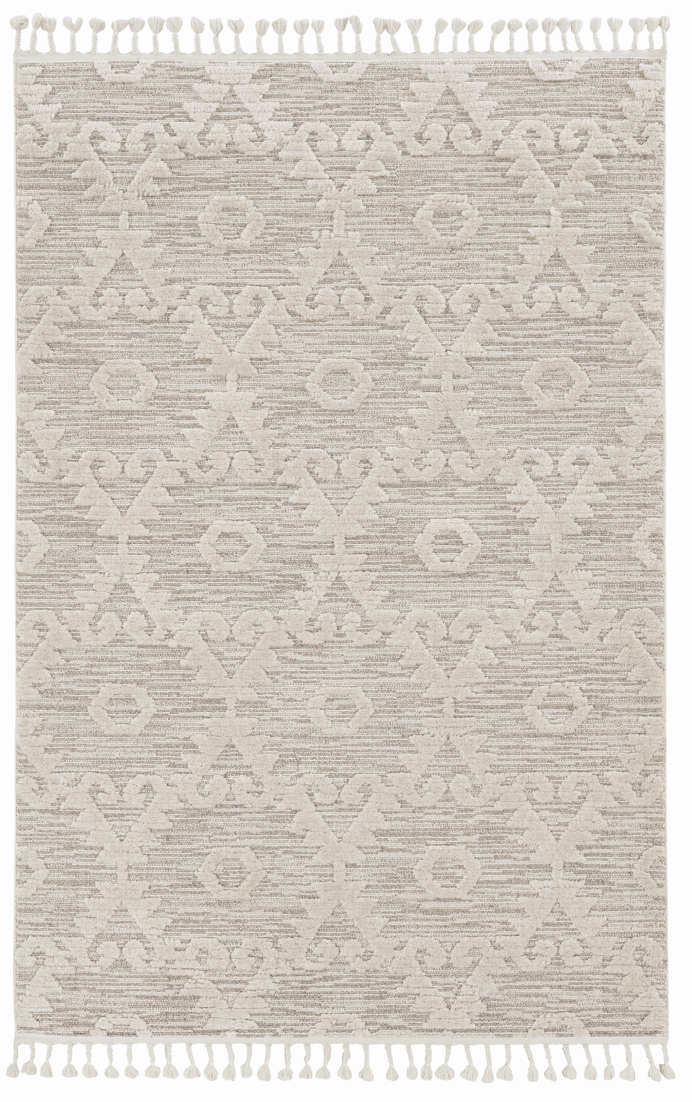 12'X15' Ivory Beige Machine Woven Geometric With Fringe Indoor Area Rug