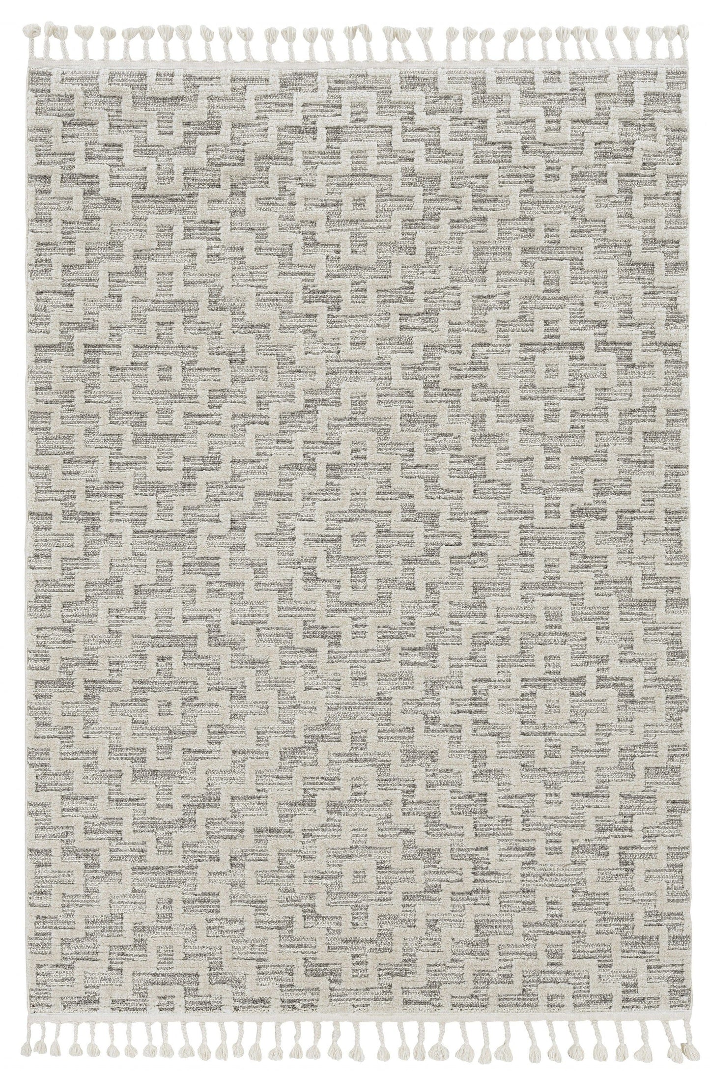 12'X15' Ivory Grey Machine Woven Diamond Pattern With Fringe Indoor Area Rug