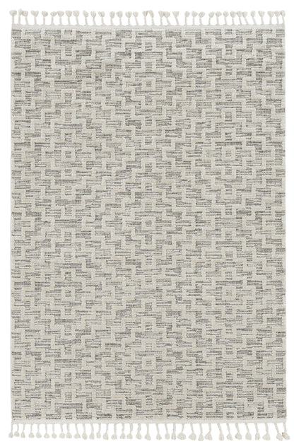 12'X15' Ivory Grey Machine Woven Diamond Pattern With Fringe Indoor Area Rug