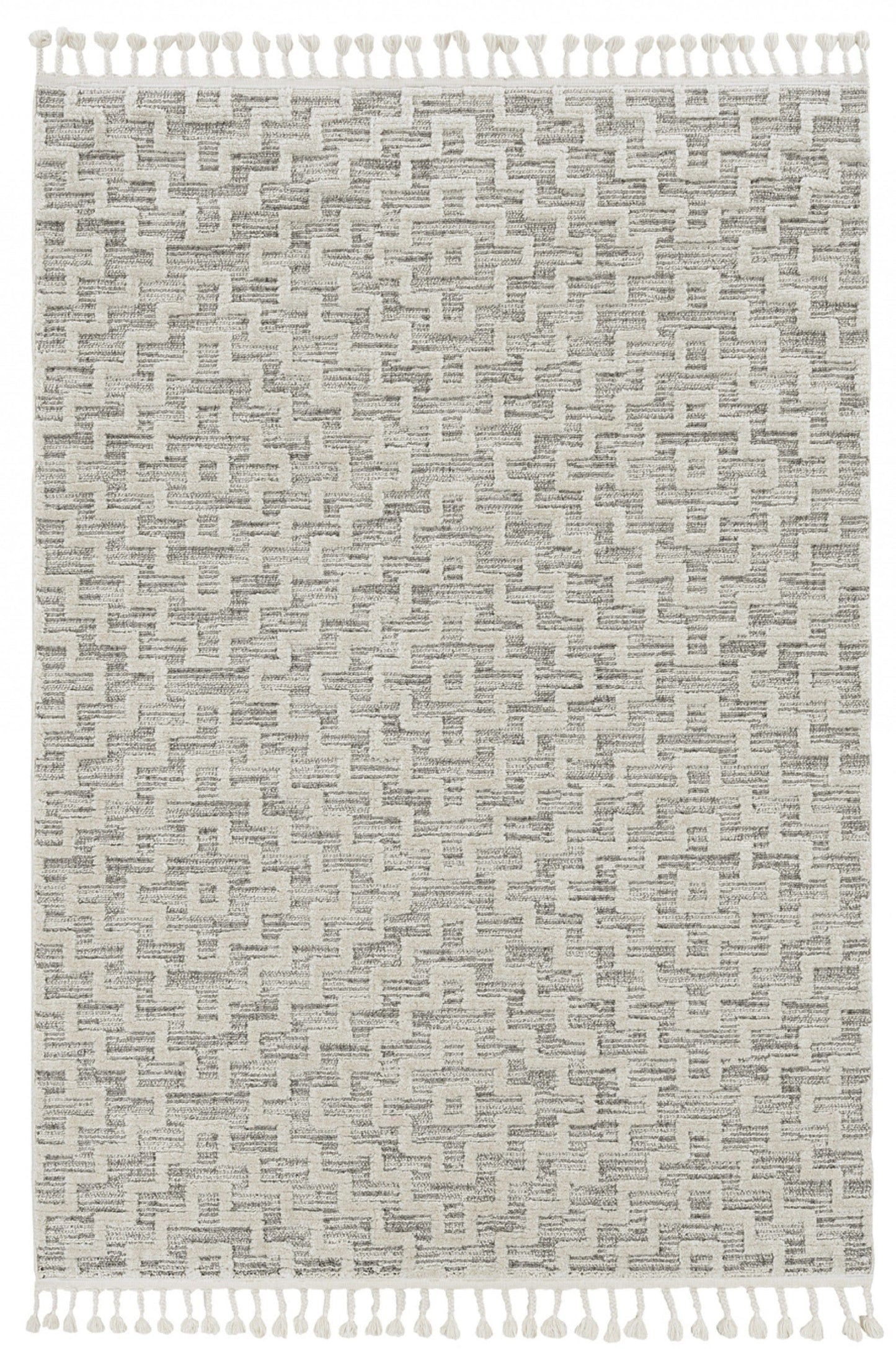 12'X15' Ivory Grey Machine Woven Diamond Pattern With Fringe Indoor Area Rug