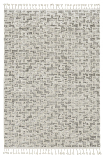 12'X15' Ivory Grey Machine Woven Diamond Pattern With Fringe Indoor Area Rug