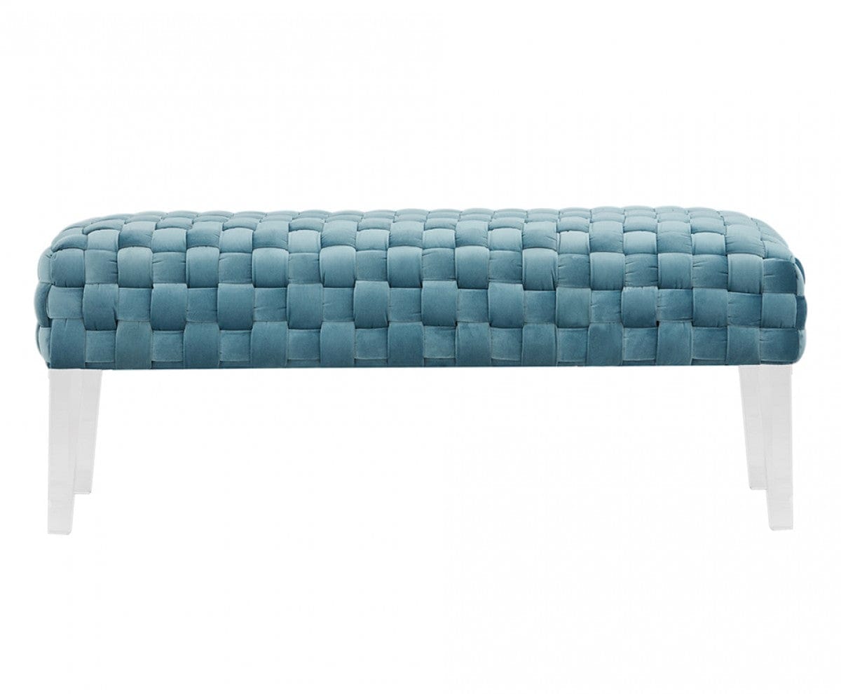 Rectangular Modern Light Teal Textured Velvet Bench With Acrylic Legs