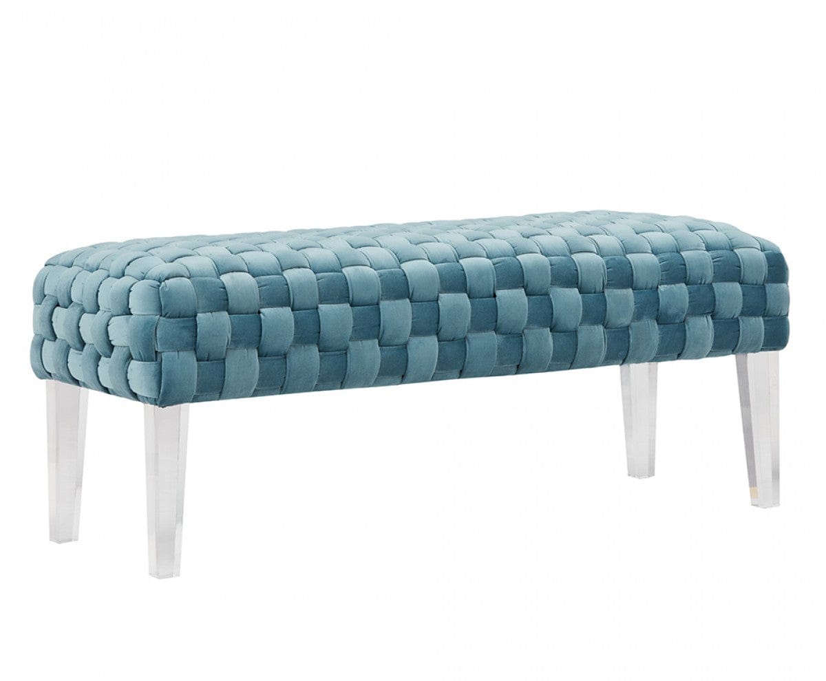 Rectangular Modern Light Teal Textured Velvet Bench With Acrylic Legs