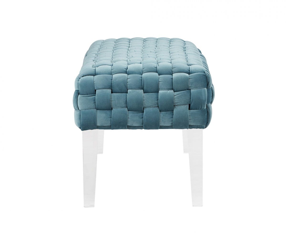 Rectangular Modern Light Teal Textured Velvet Bench With Acrylic Legs