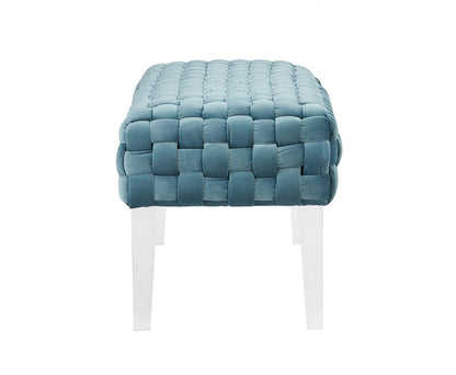 Rectangular Modern Light Teal Textured Velvet Bench With Acrylic Legs