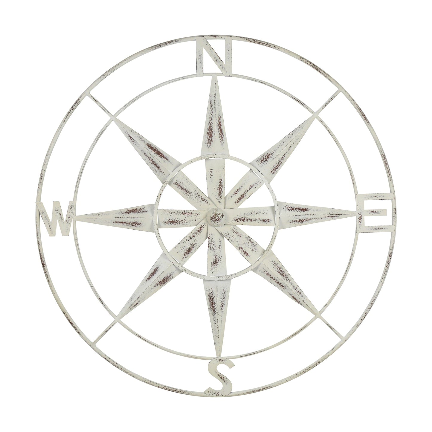 Nautical Compass Metal Wall Decor With Distressed White Finish