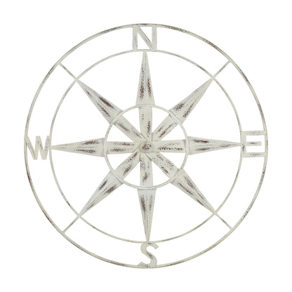 Nautical Compass Metal Wall Decor With Distressed White Finish