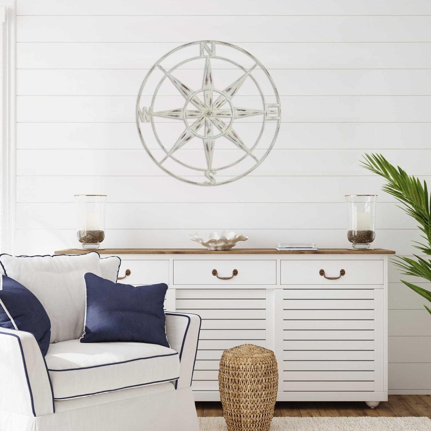 Nautical Compass Metal Wall Decor With Distressed White Finish