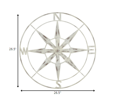 Nautical Compass Metal Wall Decor With Distressed White Finish