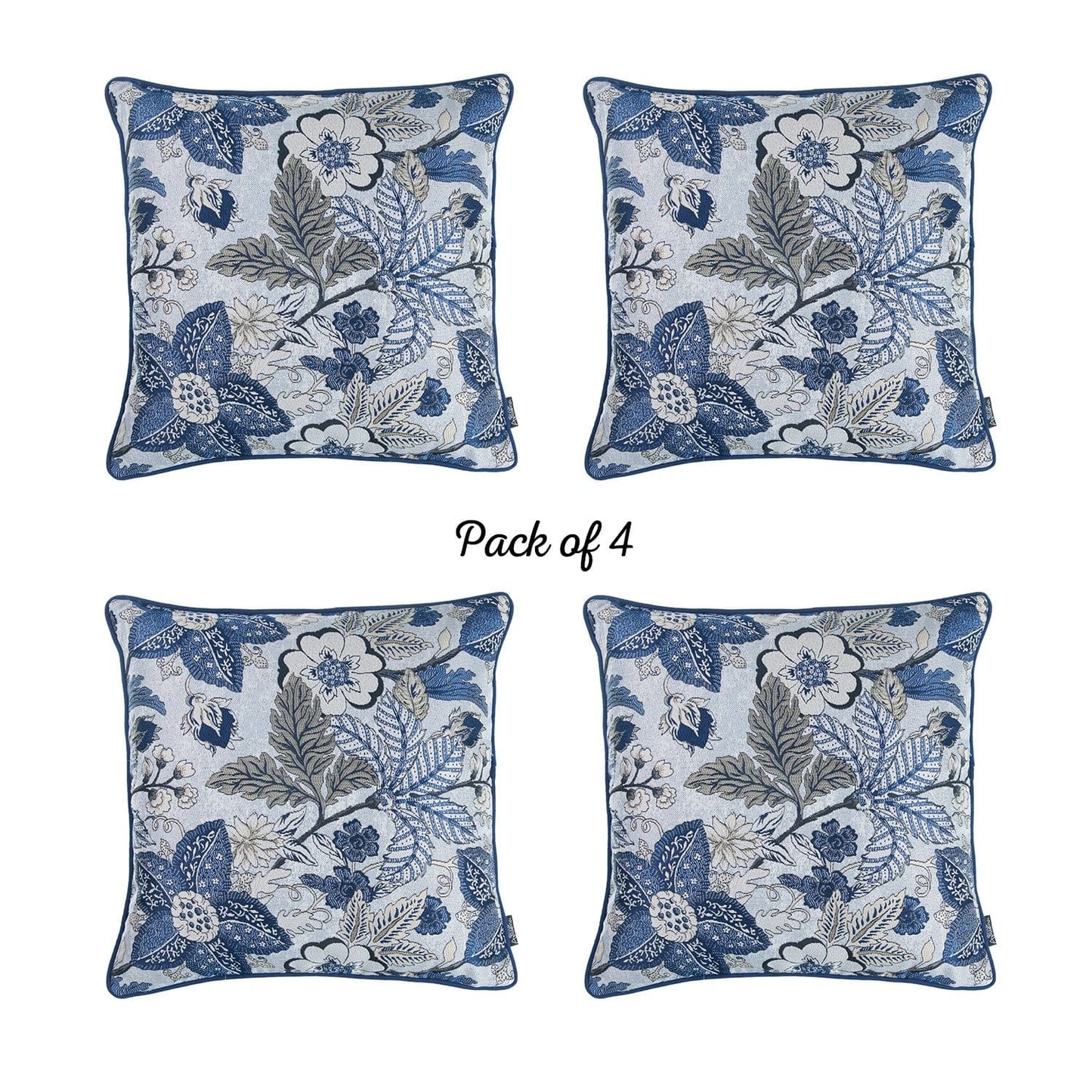 Set Of Four 17'' X 17'' Blue And Beige Floral Polyester Throw Pillow Cover