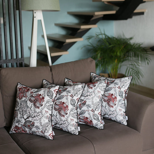 Set Of 4 Square Red And Beige Floral Throw Pillow Covers