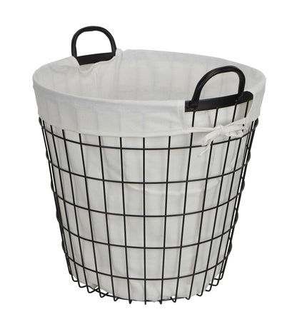 White Fabric Lined Metal Laundry Type Basket With Handle