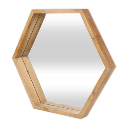 Modern Natural Wood Finish Hexagonal Wall Mirror