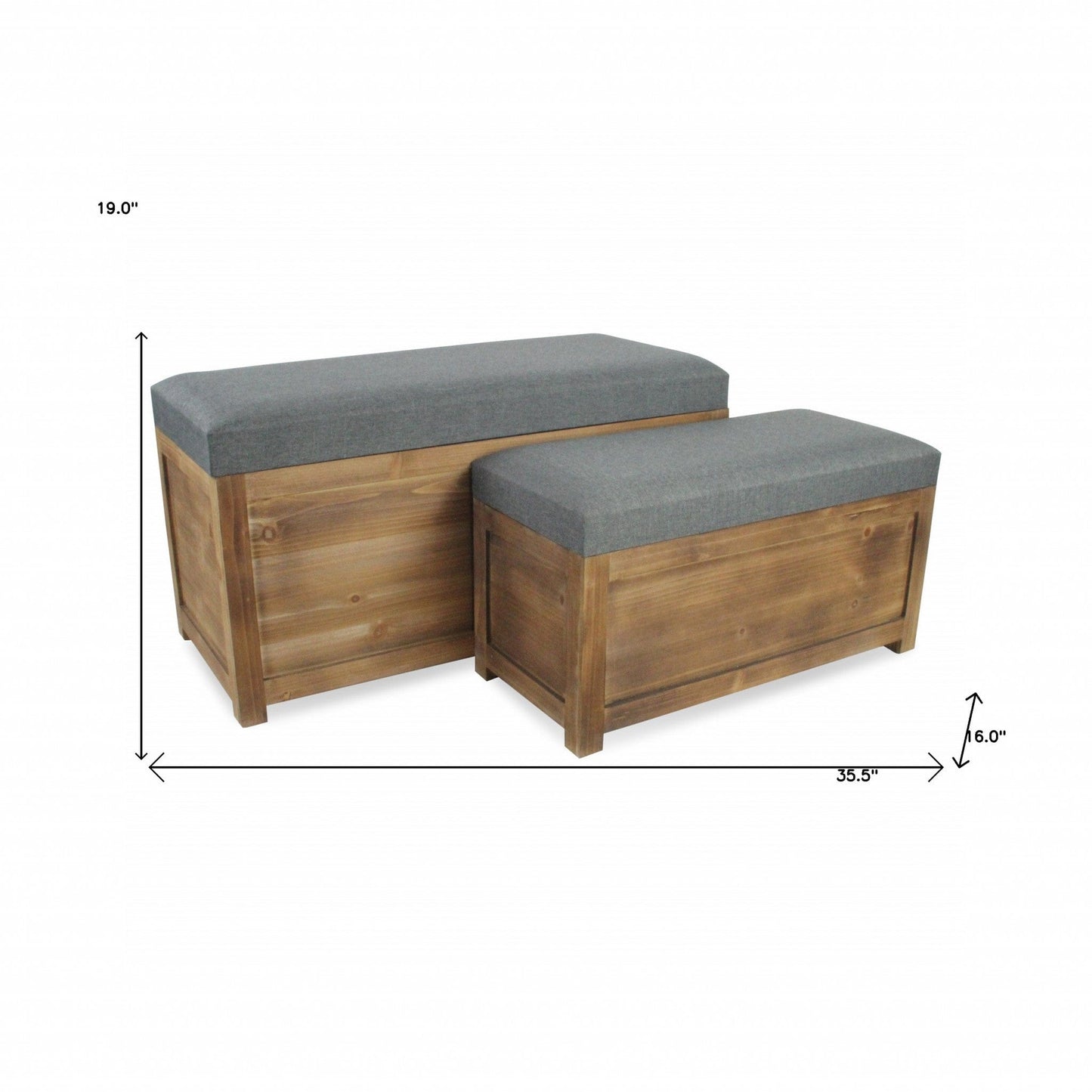 Set Of 2 Rectangular Gray Linen Fabric And Wood Storage Benches