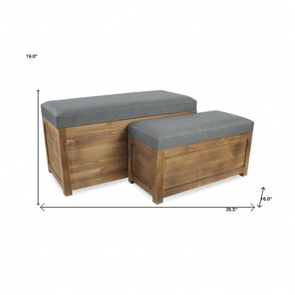 Set Of 2 Rectangular Gray Linen Fabric And Wood Storage Benches