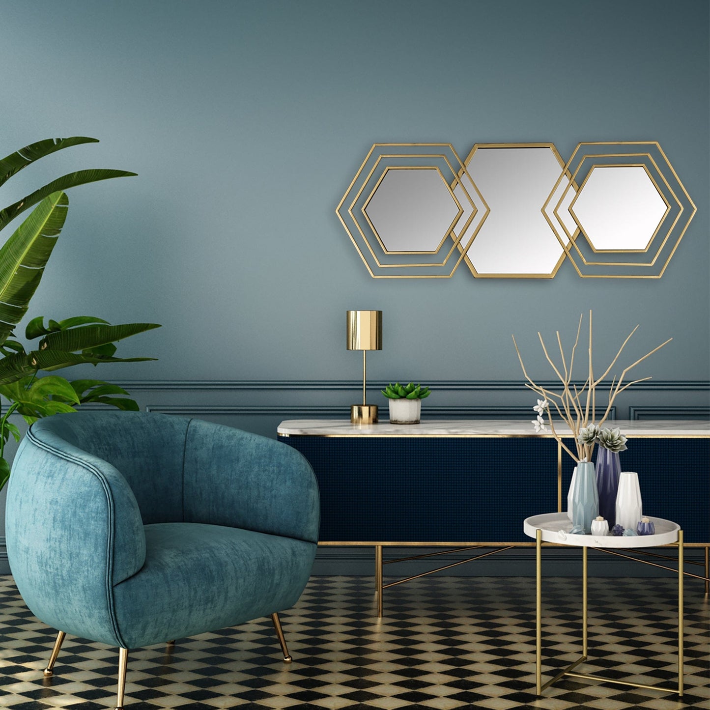 Gold Hexagon Trio Modern Wall Mirror