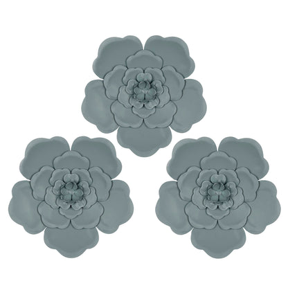 Set Of 3 Blue Metal Flowers Wall Decor