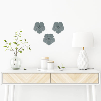 Set Of 3 Blue Metal Flowers Wall Decor