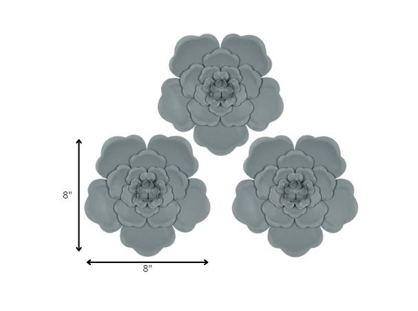 Set Of 3 Blue Metal Flowers Wall Decor