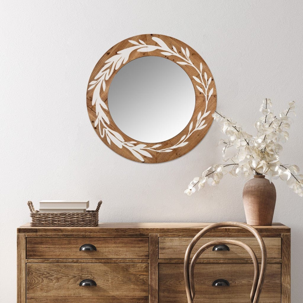 White And Natural Laurel Vine Carved Wood Wall Mirror