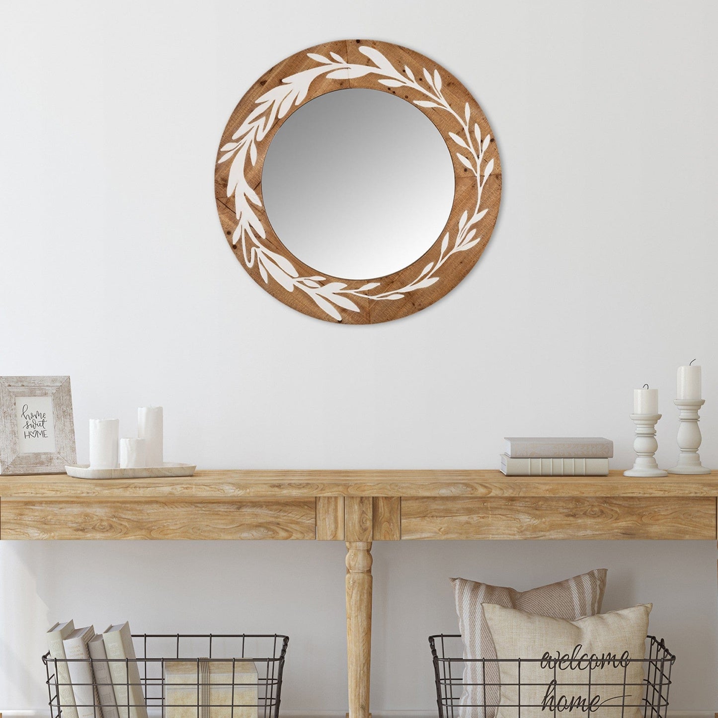 White And Natural Laurel Vine Carved Wood Wall Mirror