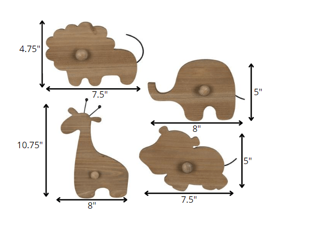 Set Of 4 Wooden Safari Animal Wall Hooks