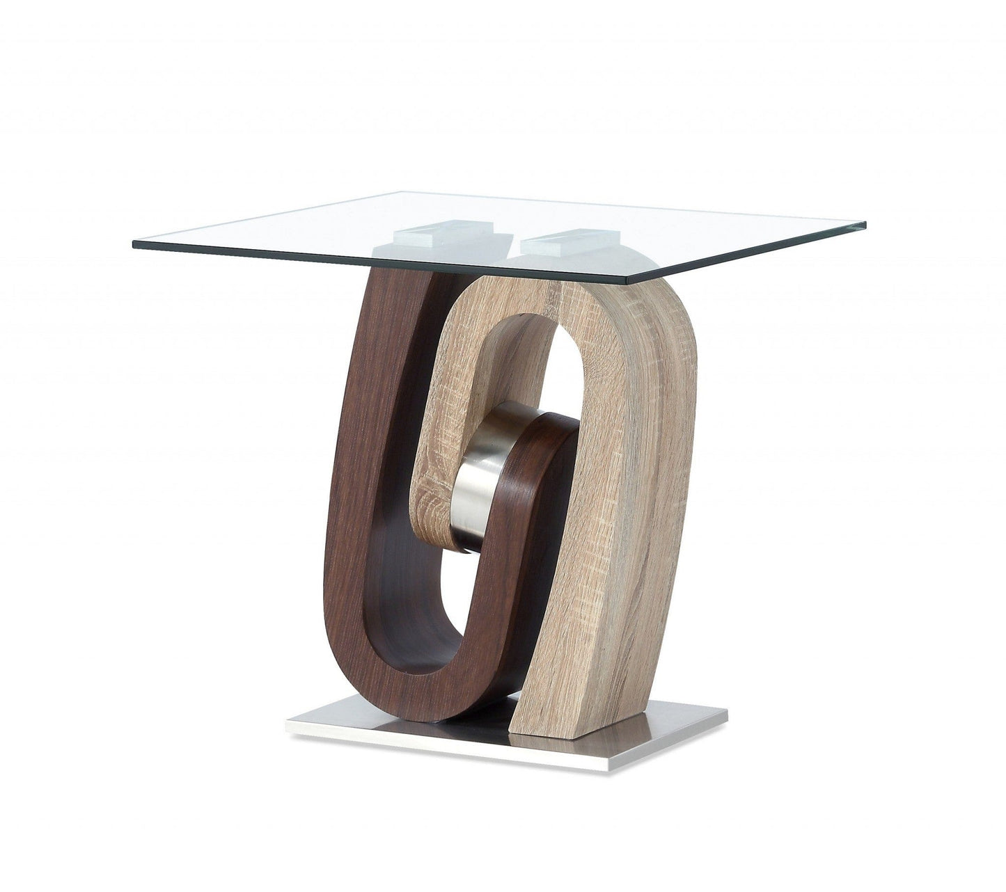 Oak And Walnut Ultra Modern End Table With Glass Top