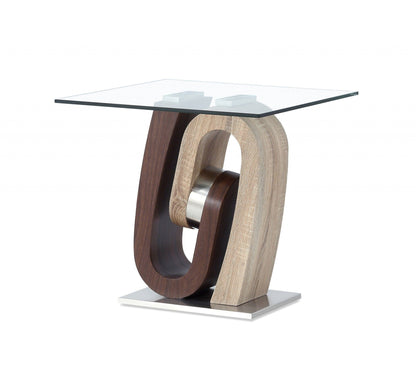 Oak And Walnut Ultra Modern End Table With Glass Top