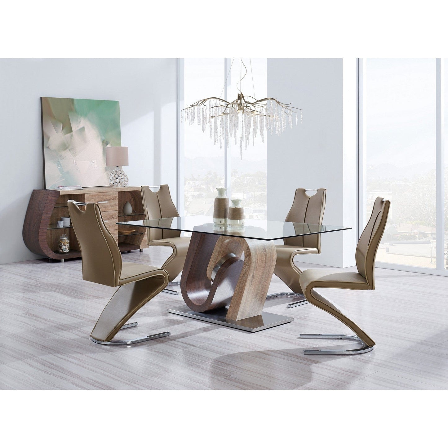 Oak And Walnut Two Toned  Geometrical Base With Glass Top Dining Table