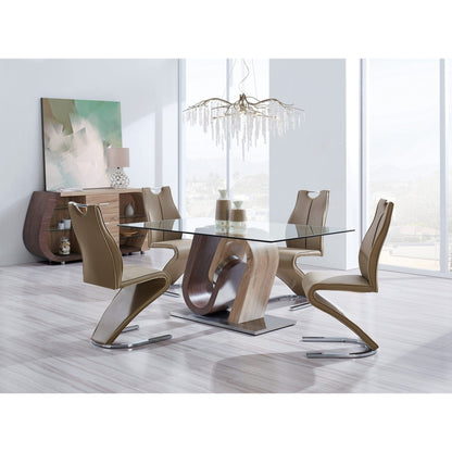 Oak And Walnut Two Toned  Geometrical Base With Glass Top Dining Table