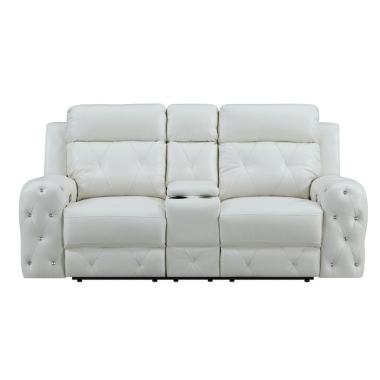 White Leather Gel Cover Power Console Reclining Loveseat In Plushily Padded Seats  Jewel Embellished Tufted Design  Along With Recessed Arm